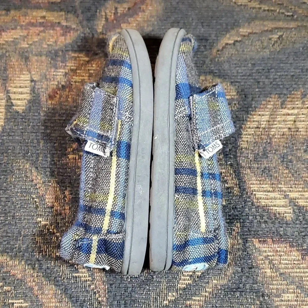TOMS Grey, Blue and Yellow Plaid Velcro Infant Shoes Size T 7